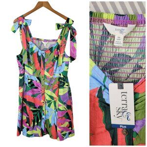 NEW Terra Sky Tropical Hawaiian Dress Plus 0X 14W Floral Shirred Top Stretch